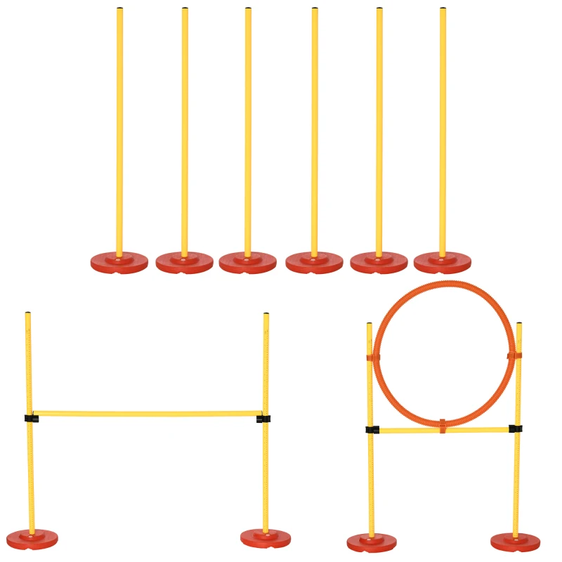 PawHut 3PCs Portable Pet Agility Training Obstacle Set for Dogs w/ Adjustable Weave Pole, Jumping Ring