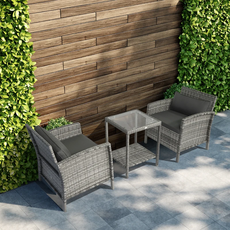 Outsunny 3 Piece Patio Furniture Set w/ Cushions, PE Rattan Outdoor Table And Chairs, 2-Tier Glass Top Coffee Table, Gray