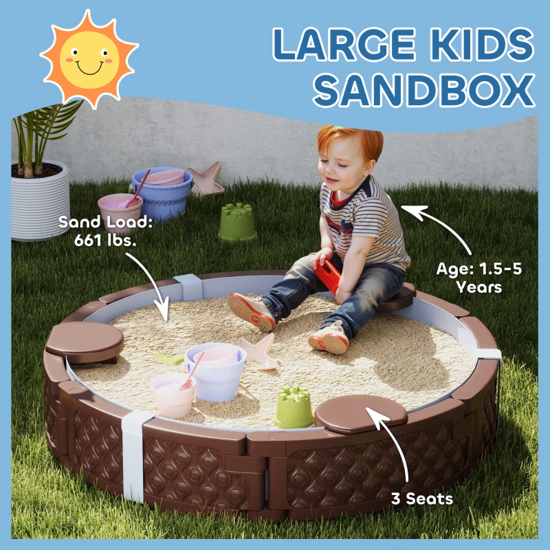 Qaba 47" Round Kids Sandbox with Cover, 3 Seats, Waterproof Bottom Liner, for Backyard, Lawn, Garden, Beach, Patio, Brown