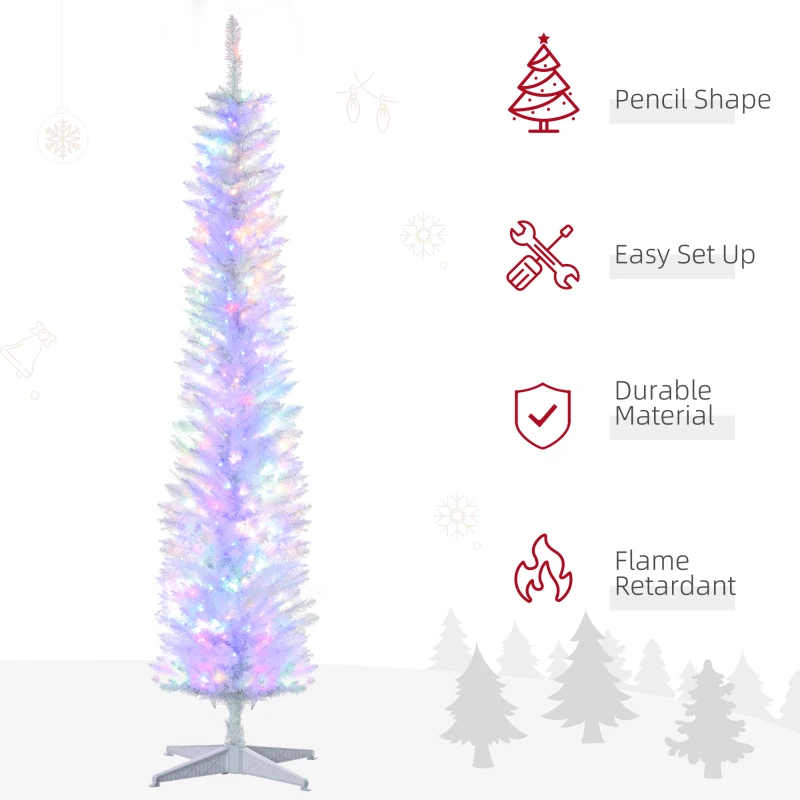 HOMCOM 7' Prelit Christmas Trees, Pencil Artificial Christmas Tree with Colorful Surface Branches, Colorful LED Lights, White
