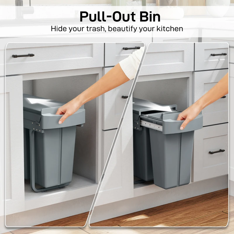 HOMCOM Pull Out Garbage Bin for Kitchen, 7.9 Gallon (30 L) Under Sink Garbage Can, 2 Removable Compartments, Grey