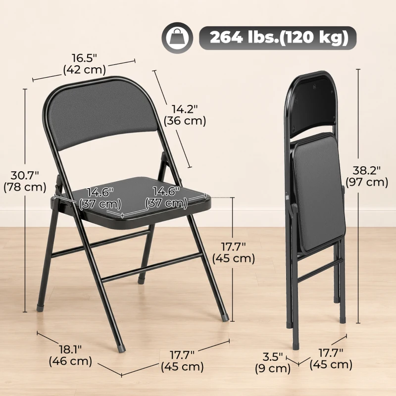 HOMCOM Set of 4 Metal Foldable Chairs, PU Leather Padded Folding Chairs with Cushion Seat and Open Back for Indoor, Black
