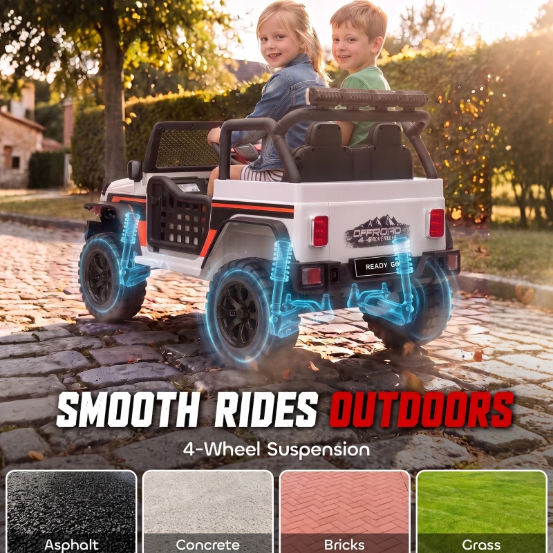 Qaba 12V 2-Seater Ride on Truck Car with Dual Motors, Remote, Soft Start, 4-Wheel Suspension, Lights, Music, USB, Horn, White