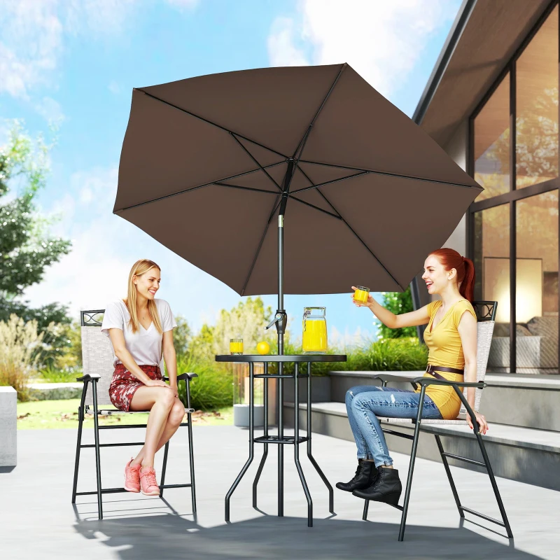 Outsunny 4 Piece Outdoor Bar Set with Umbrella, Patio Dining Set with 2 Folding Chairs, Wave Textured Tempered Glass Table, Beige