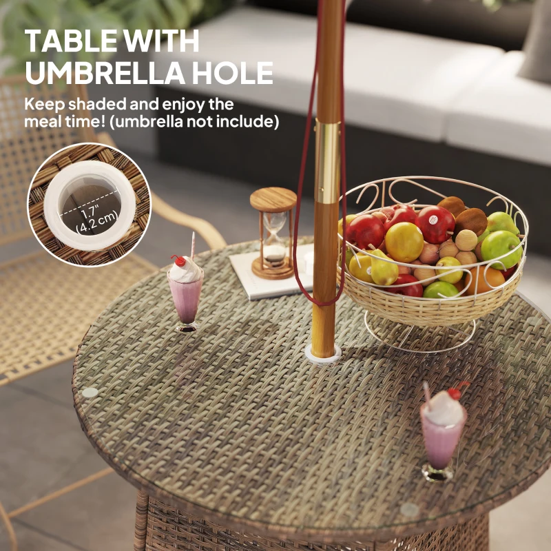 Outsunny 31.5" Outdoor Round Patio Table with Umbrella Hole, Bistro Coffee Table with Tempered Glass Top for Garden, Brown