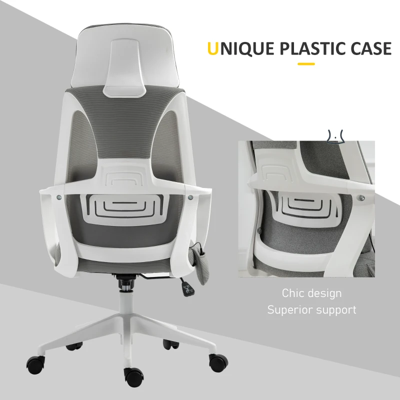 Vinsetto Ergonomic Home Office Mesh Desk Chairs, Computer Task Chair with Massage Lumbar Cushion, Adjustable Seat & Headrest,  Rocking Function, Grey