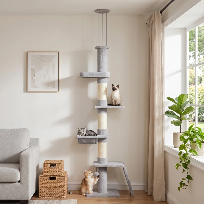 PawHut 90.6" -102.4" Floor-to-Ceiling Cat Tree Adjustable Height with 3-Rod Support, 5-Level Cat Tower, Light Gray