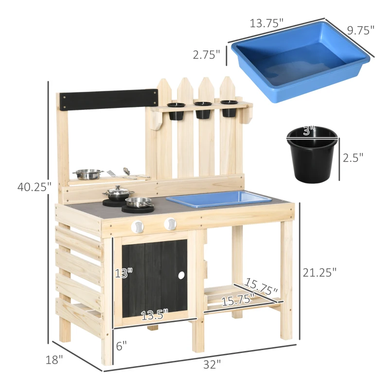 Outsunny Outdoor Kitchen Play Set with Frying Pan, Pretend Play Mud Kitchen for Kids with Removable Sink, Wooden Kitchen Set for Ages 3-7, with Planting Pots, Shelf, Cabinets