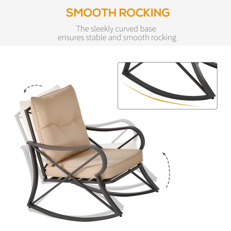 Outsunny 3-Piece Patio Bistro Set Outdoor Rocking Coffee Table Chair Set with Curved Base, Soft Cushions, Steel Frame, Beige