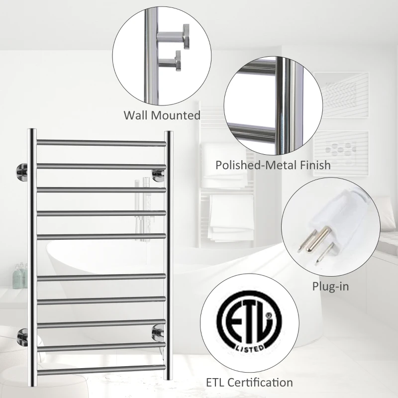 HomCom 10-Bar Stainless Steel Wall Mounted Electric Heated Towel Rack Warmer