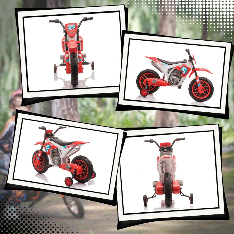 Aosom Kids Dirt Bike 12V Battery-Powered Ride-On Electric Motorcycle with Charging Battery, Training Wheels Red