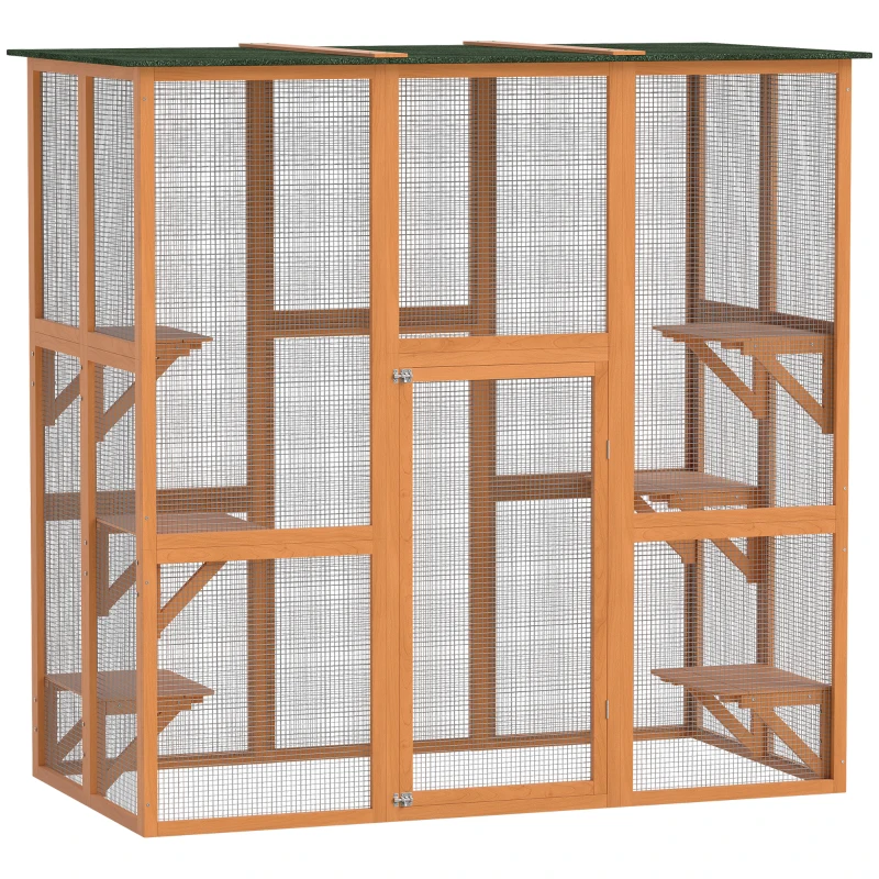 PawHut 71" x 39" x 71" Cat Cage, Large Outdoor Wooden Cat Patio with 6 Balanced Platforms and Asphalt Roof, Orange