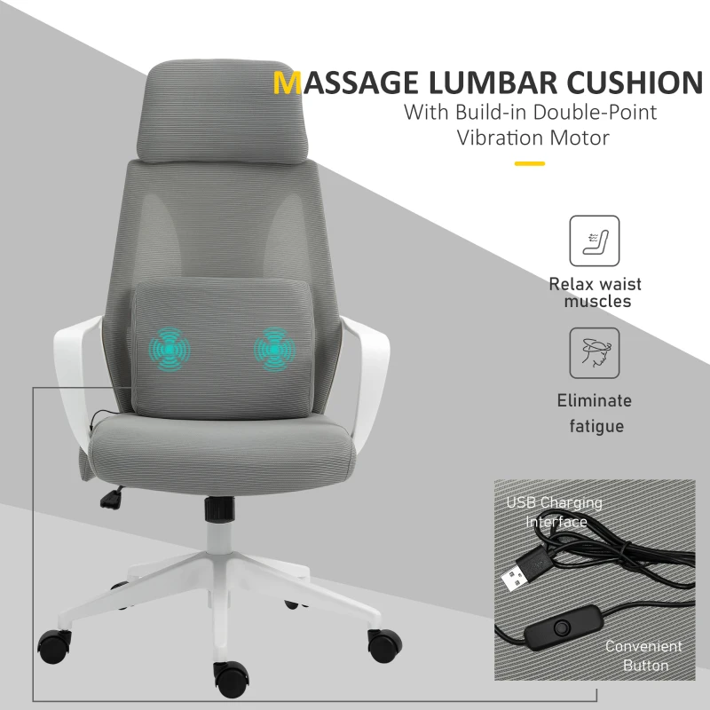 Vinsetto Ergonomic Home Office Mesh Desk Chairs, Computer Task Chair with Massage Lumbar Cushion, Adjustable Seat & Headrest,  Rocking Function, Grey
