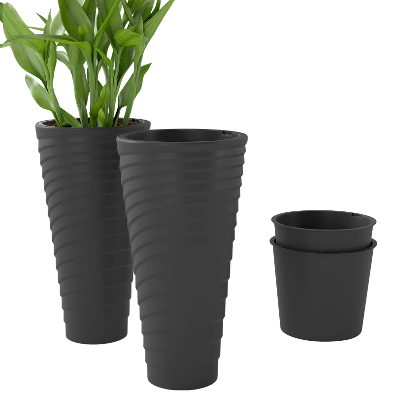 Outsunny 29" Tall Planters Set of 2, Indoor Outdoor Stackable Taper Planters with Drainage Holes, Black