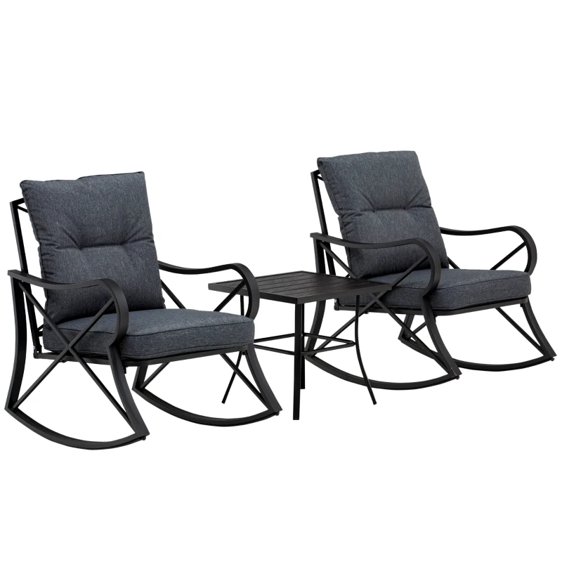 Outsunny 3-Piece Patio Bistro Set Outdoor Rocking Coffee Table Chair Set with Curved Base, Soft Cushions, Steel Frame, Black