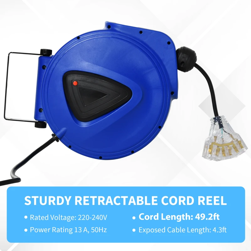 DURHAND 49ft Retractable Extension Cord Reel, Portable Power Cord with Triple Tap Connector Automatic Retract Ceiling Wall Mount Garage Garden, Blue