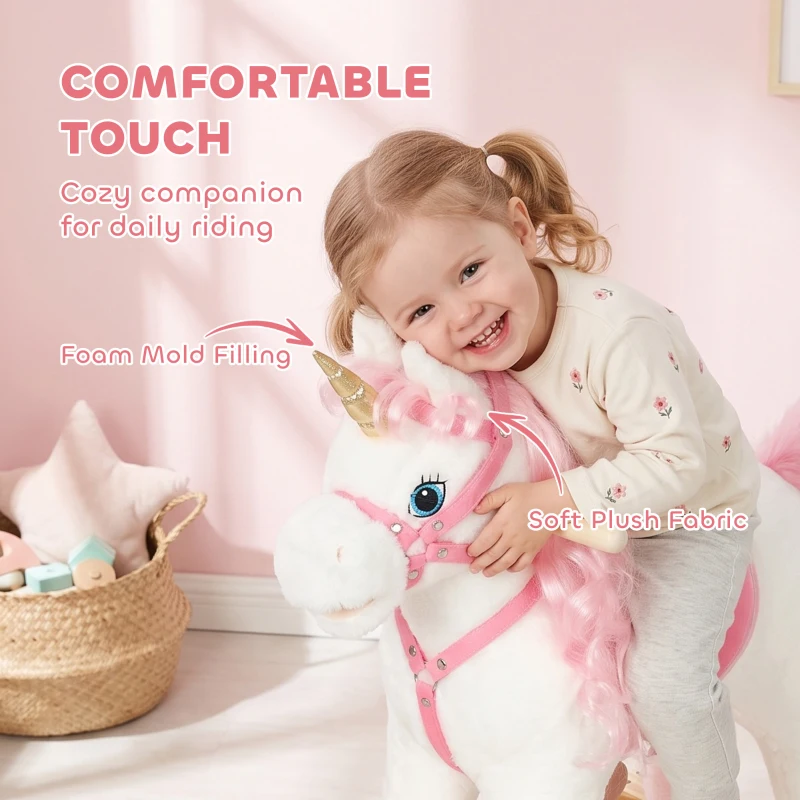 Qaba Baby Rocking Horse, Unicorn Kid Ride on Toy with Rocking Limit, Tail Wag Mouth Movement, Sounds for 3-5 Y, White