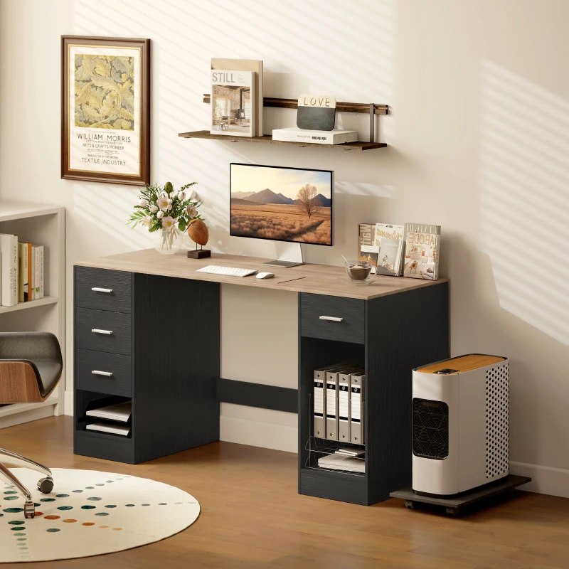 HOMCOM Office Desk, 55" Computer Desk with 4 Reversible Drawers, Mobile PC Stand, Adjustable Shelf, Black Wood Grain