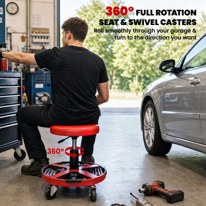HOMCOM Rolling Mechanic Stool, 15.7"-20.5" Garage Stool with Wheels, 300 LBS, 360° Swivel Padded Creeper Shop Seat, Red