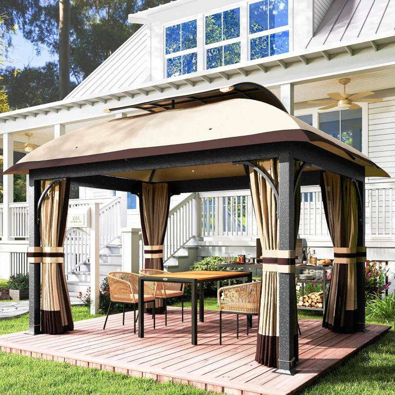 Outsunny 11' x 13' Patio Gazebo, Double Roof Outdoor Gazebo Canopy with Netting & Curtains, Galvanized Metal Frame, Khaki