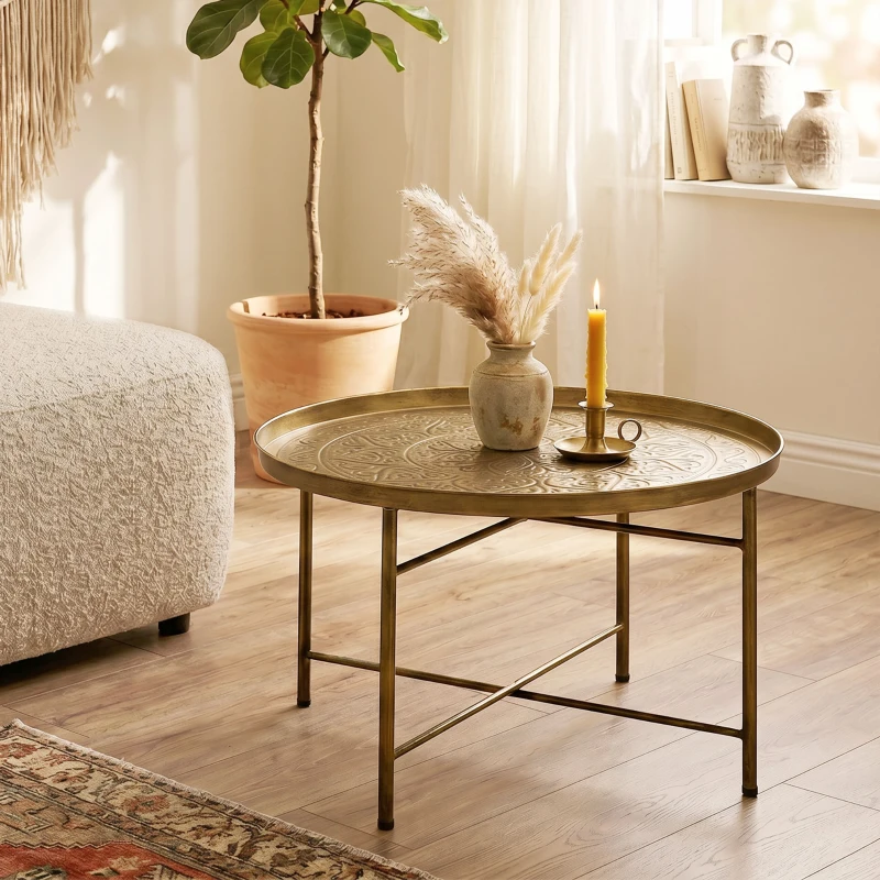 HOMCOM Coffee Table for Living Room, 24" Round Center Table with Hammered Tray Top and Metal Frame for Bedroom, Gold