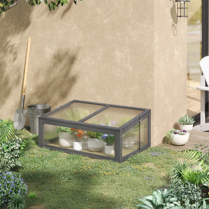 Outsunny Wooden Cold Frame Greenhouse, Mini Greenhouse with Polycarbonate Board and Solid Wood Frame, 39" x 26" x 16", Gray