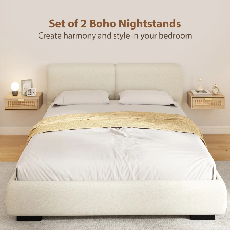 HOMCOM Floating Bedside Tables Set of 2, Wall Mounted Nightstands with Rattan Drawer and Wood Effect, Oak