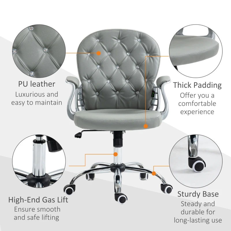 Vinsetto Button Tufted Desk Chair, Home Office Chair with Padded Armrests, Adjustable Height and Swivel Wheels, Gray