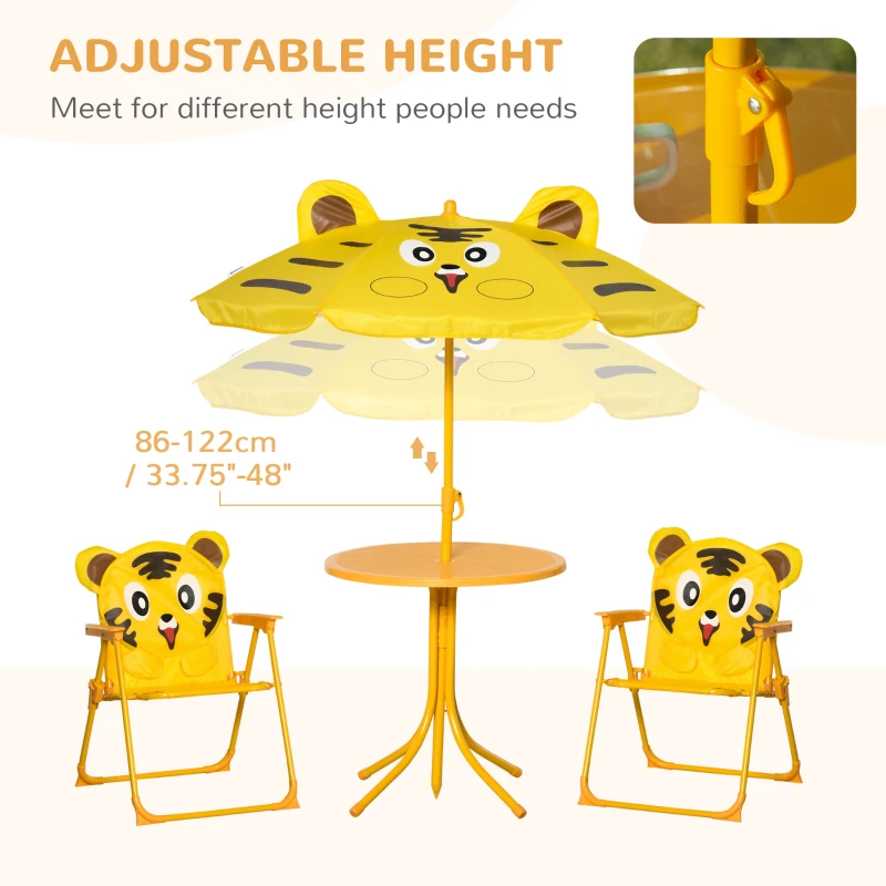 Outsunny Kids Folding Picnic Table and Chair Set Pattern Outdoor Garden Patio Backyard with Removable & Height Adjustable Sun Umbrella Yellow