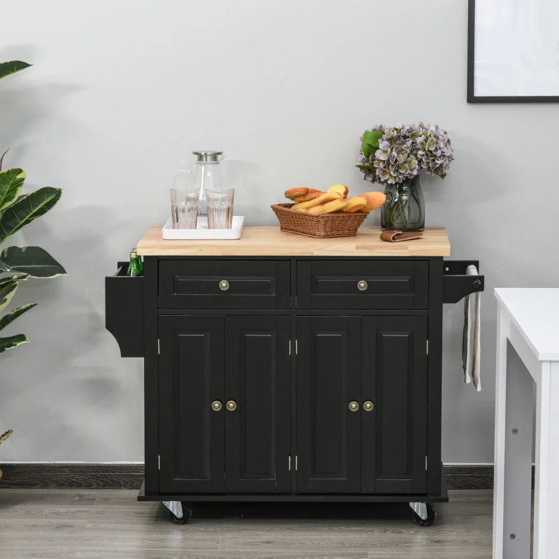 HOMCOM 44" Mobile Kitchen Island Table, Kitchen Island Cart on Wheels with Storage Cabinets, 2 Drawers, Black