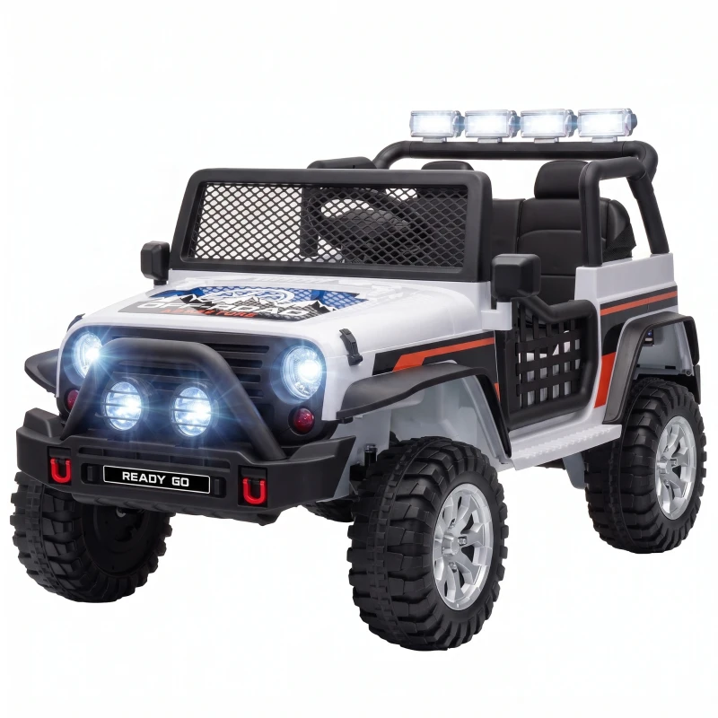 Qaba 12V 2-Seater Ride on Truck Car with Dual Motors, Remote, Soft Start, 4-Wheel Suspension, Lights, Music, USB, Horn, White