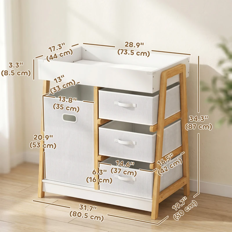 Qaba Baby Changing Table, Diaper Changing Station with Waterproof Pad, 3 Drawers and Large Basket for Newborn & Infant, White