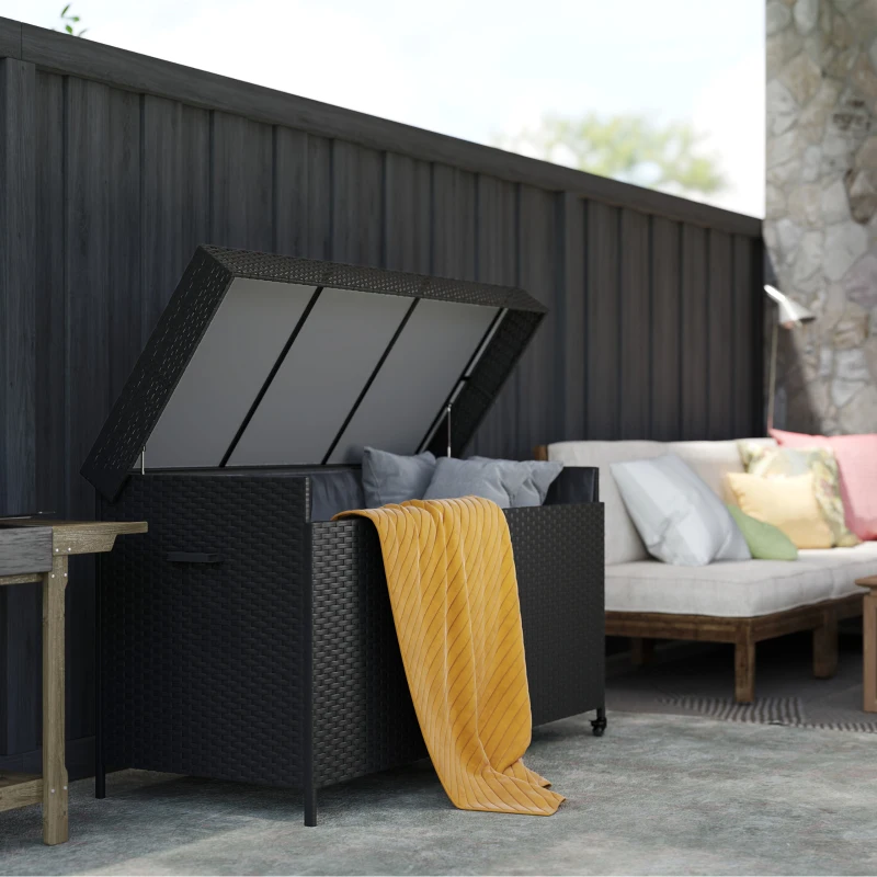 Outsunny 165 Gallon Deck Box, Wicker Outdoor Patio Storage Box with Waterproof Liner, Gas Strut and Universal Wheels, Black