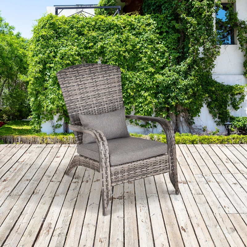 Outsunny Patio Wicker Adirondack Chair, Outdoor All-Weather Rattan Fire Pit Chair w/ Soft Cushions, Tall Curved Backrest and Comfortable Armrests for Deck or Garden, Gray