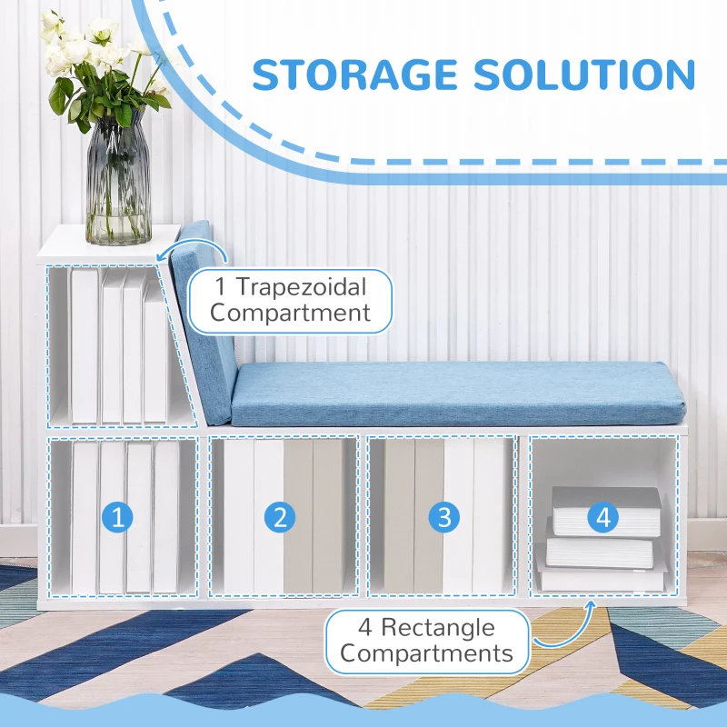 HOMCOM Multi-Purpose Bookshelf with 5 Cubes, 5-Cubby Bookcase with Cushioned Reading Nook and Storage Shelves, Blue