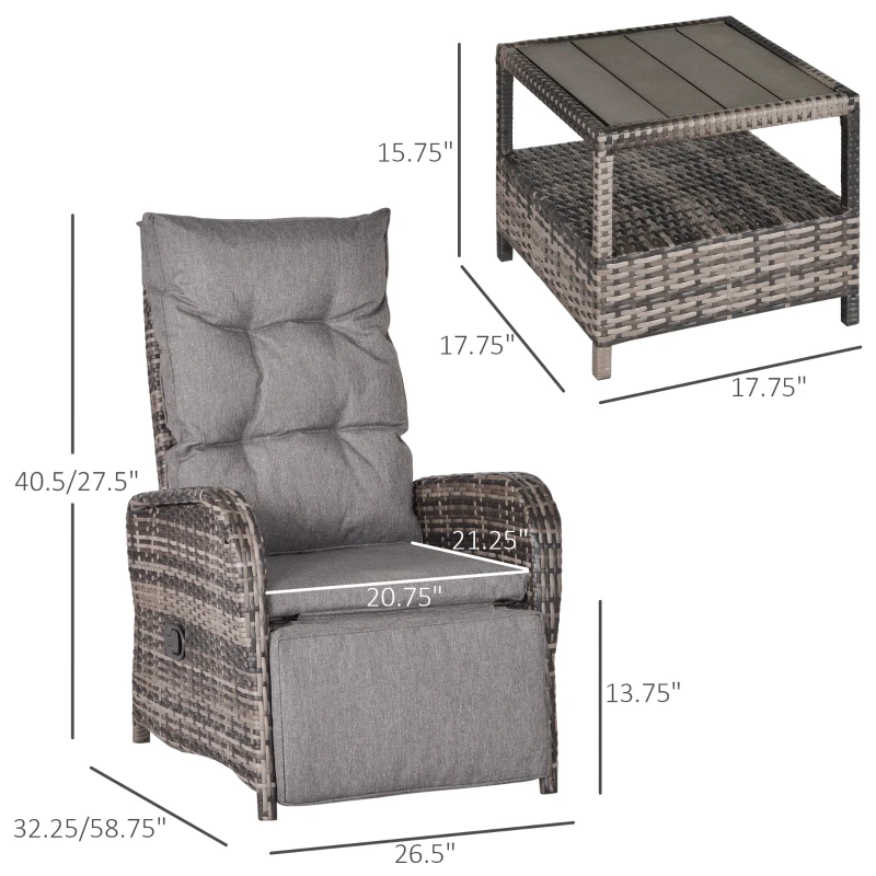 Outsunny 3 PC Rattan Wicker Conversation Patio Set with Side Coffee Table and Adjustable Backrest, Grey