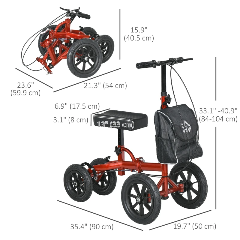 HOMCOM Adjustable Steerable Knee Walker, Foldable Knee Scooter with Rubber Wheels, Dual Brake, Crutch Alternative, Red