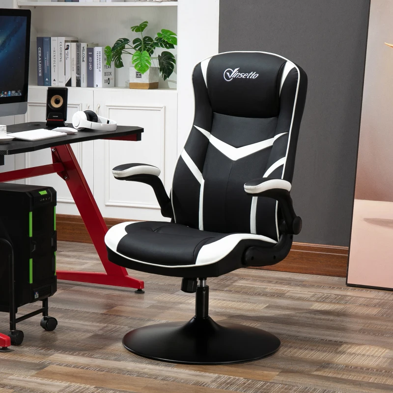 Vinsetto High Back Video Gaming Chair Height Adjustable Flip-up Armrest 360° Swivel Racing Gamer with Pedestal Base, Black and White