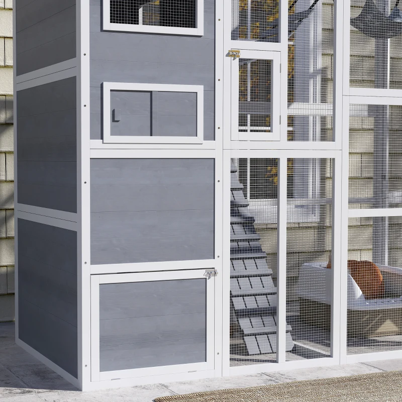 PawHut 76" Catio Outdoor Cat Enclosure with Cat Condo, Jumping Platforms, Ladder, Ramps, Hammock for 2-3 Indoor Cats, Grey