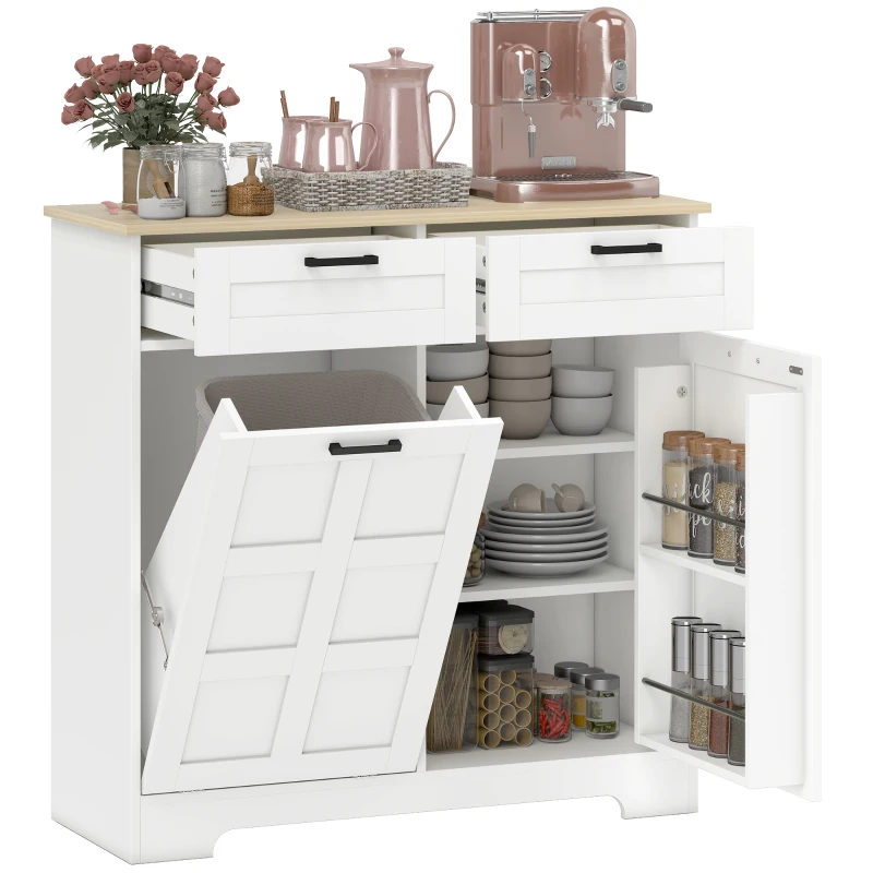 HOMCOM 13 Gallon Tilt Out Garbage Cabinet, Kitchen Island with Trash Cabinet, 2 Drawers, Door Racks, Adjustable Shelves, White