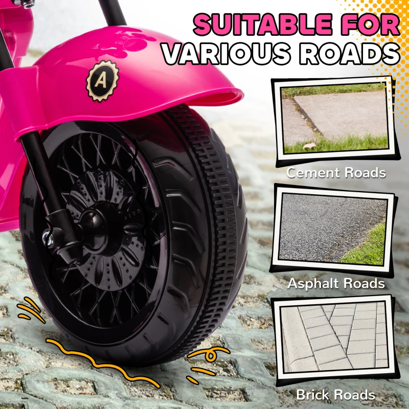 Qaba 6V 3 Wheel Electric Motorcycle for Kids, Battery Powered Motorbike w/ Headlights, Music, Forward & Reverse, Pink