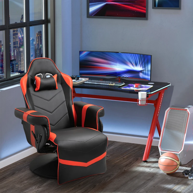 Vinsetto High Back Racing Style Gaming Chair, PU Leather Gamer Recliner Chair with Swivel Pedestal Base, Adjustable Footrest, and Head Pillow, Red