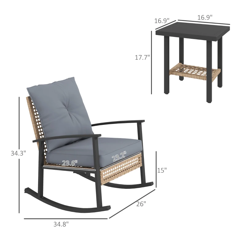 Outsunny 3 Pieces Bistro Set, Patio Wicker Furniture Set with Button Tufted Cushions, Rattan Rocking Chairs, Coffee Table, Gray