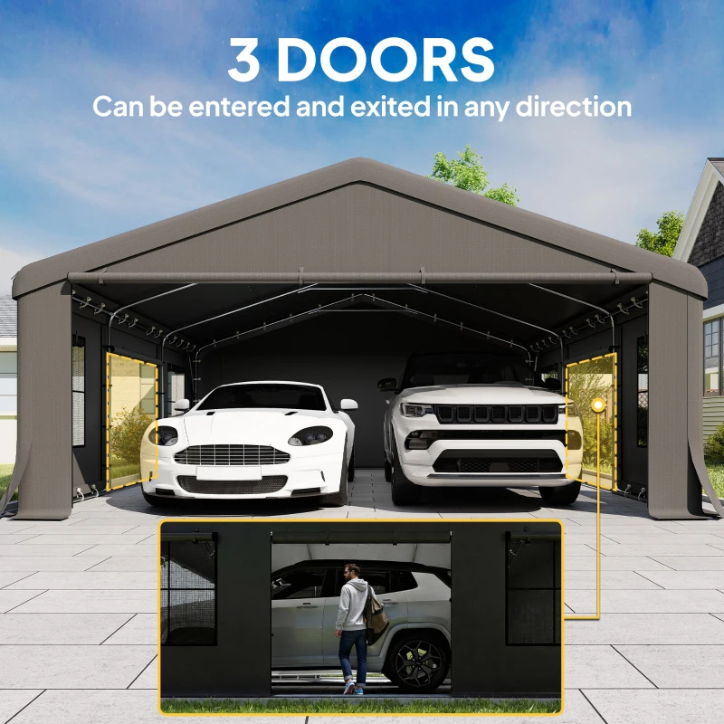 Outsunny 20' x 20' Heavy Duty Carport, Portable Garage Car Canopy Tent Shelter with 3 Roll-up Doors, 4 Windows, Dark Gray