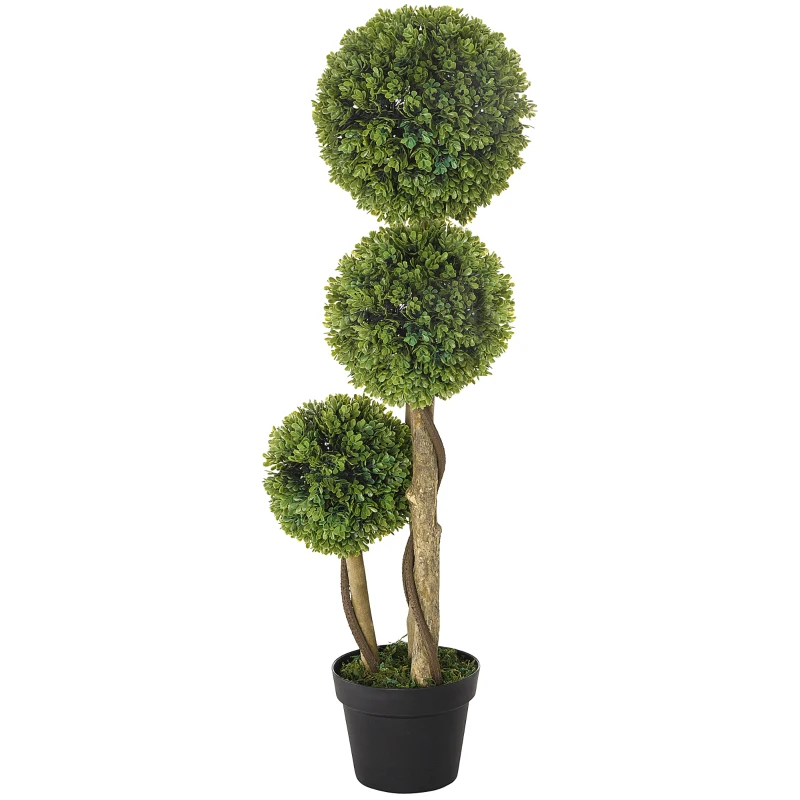 HOMCOM 35 Inch Potted Fake Plant, Artificial Boxwood Topiary Tree, Triple Ball Tree for Indoor and Outdoor, Green