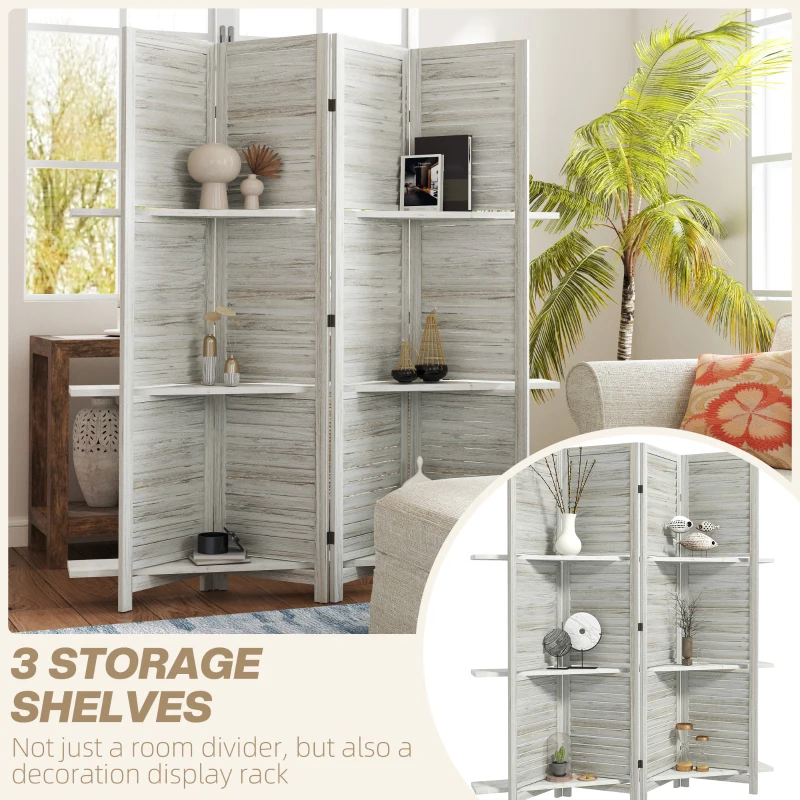 HOMCOM 4-Panel Wall Partition Room Separator with 3 Storage Shelves Foldable Design Wooden Frame 5.6FT Distressed White