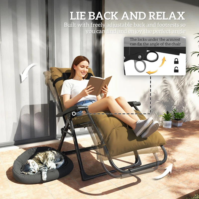 Outsunny Folding Garden Chairs Set of 2, Reclining Zero Gravity Chair, Sun Lounger with Cushion and Headrest, Khaki