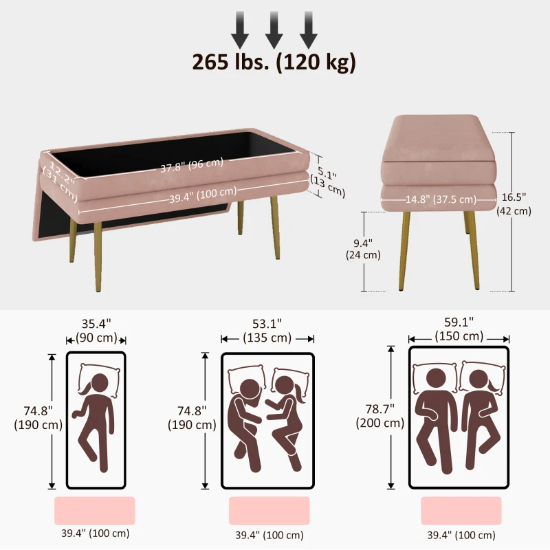 HOMCOM 39" Storage Ottoman, Velvet End of Bed Bench with Steel Legs, Foot Stool with Storage for Bedroom, Living Room, Pink