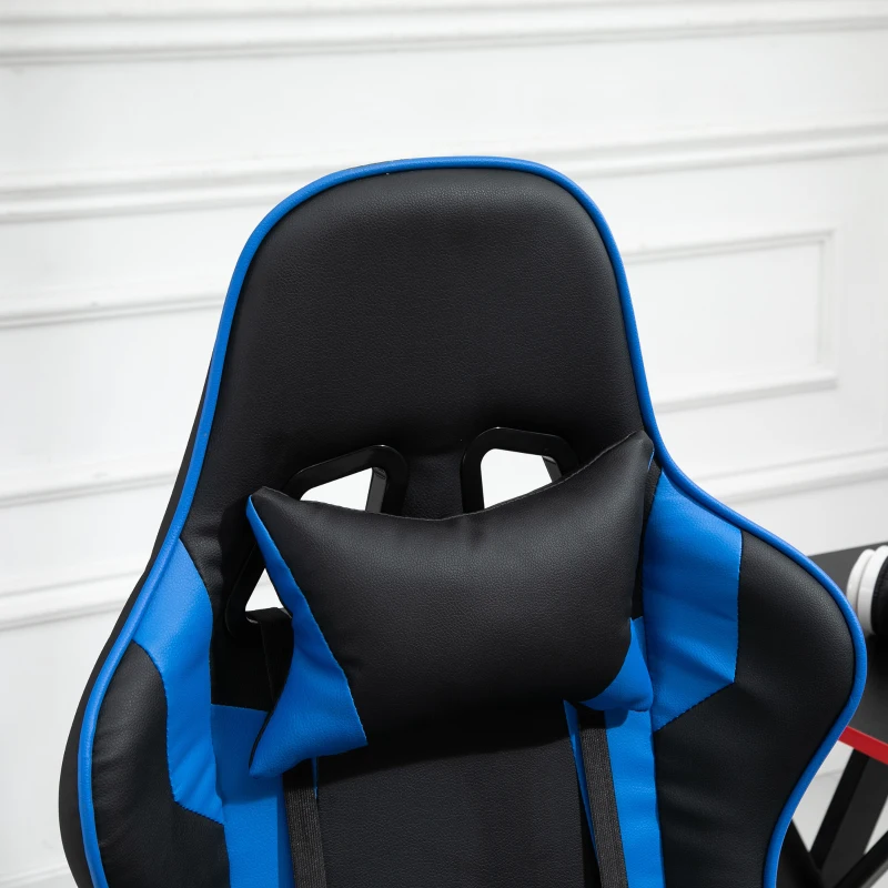 Vinsetto High Back Gaming Chair, PU Leather Racing Style Gamer Computer Chair with Retractable Footrest with Lumbar Support, Pillow and Adjustable Padded Armrests, Blue