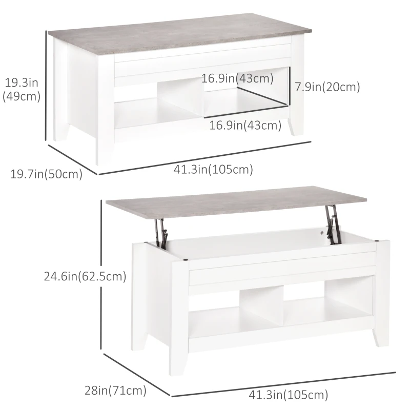 HOMCOM Lift Top Coffee Table with Hidden Storage Compartment and Open Shelves, Lift Tabletop Pop-Up Center Table for Living Room, White